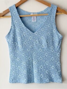Rave City Vintage Y2K Light Blue Floral Lace V-Neck Cami Tank Top Size Large